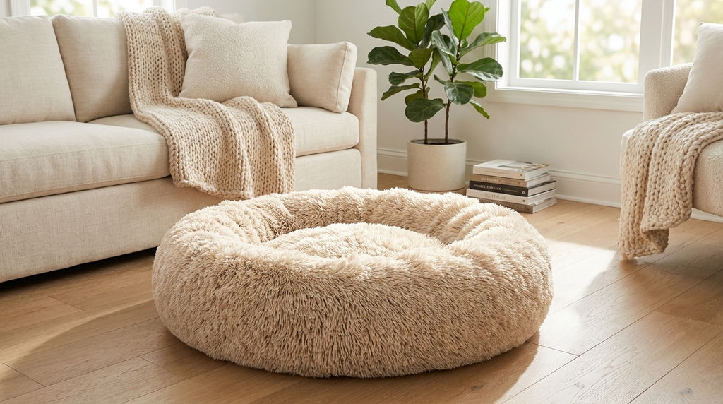 Round plush calming dog bed in tan faux fur styled in a cozy living room for dogs and cats