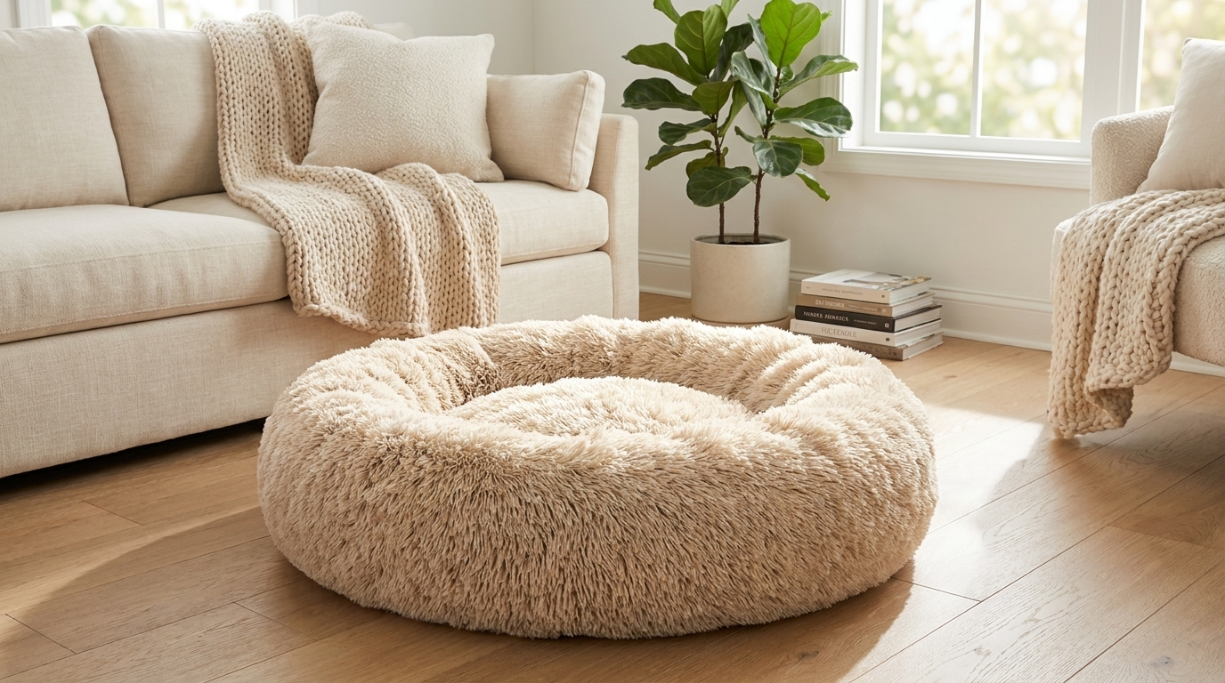 Round plush calming dog bed in tan faux fur styled in a cozy living room for dogs and cats
