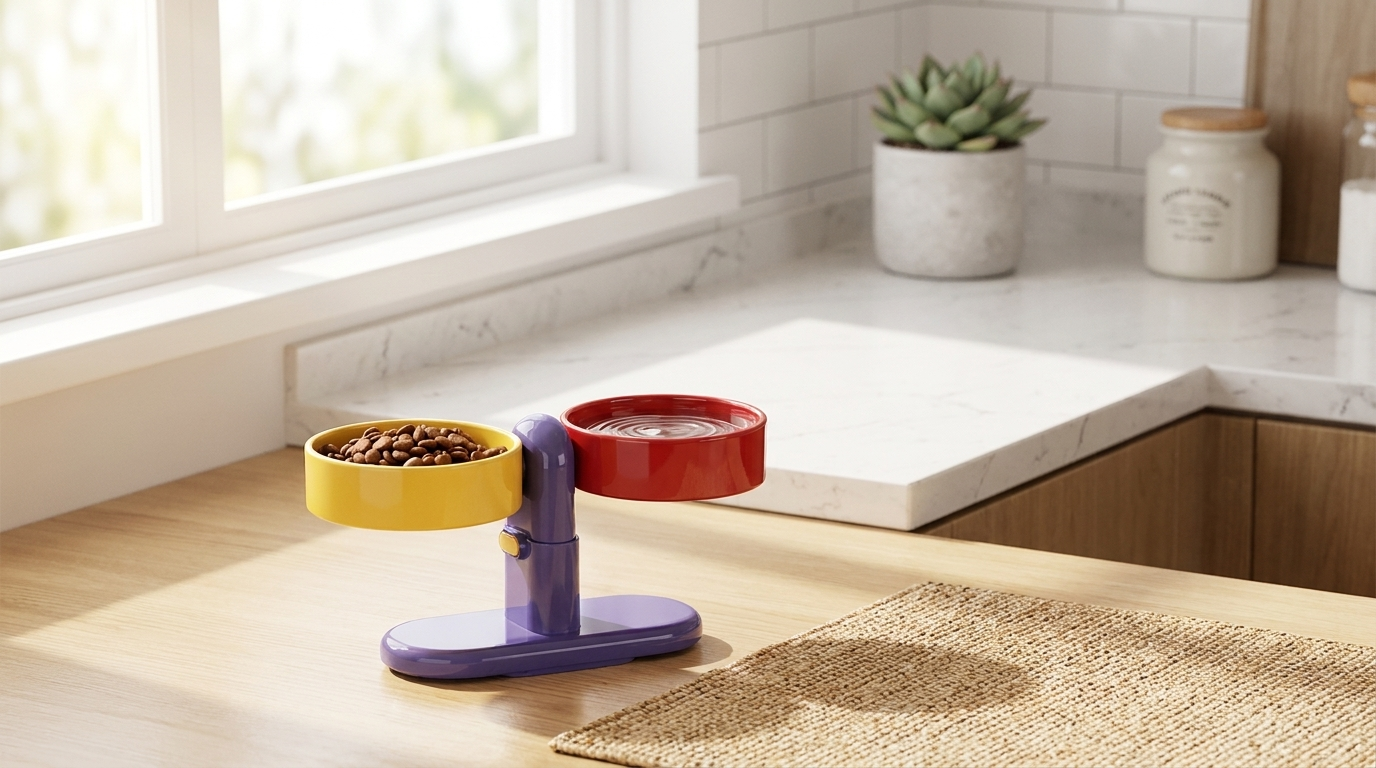 Elevated double bowl pet feeder with suction cup base displayed on a kitchen countertop