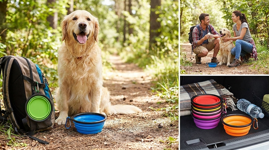 Collage of a hiking trip with a golden retriever using collapsible silicone travel bowls on the trail