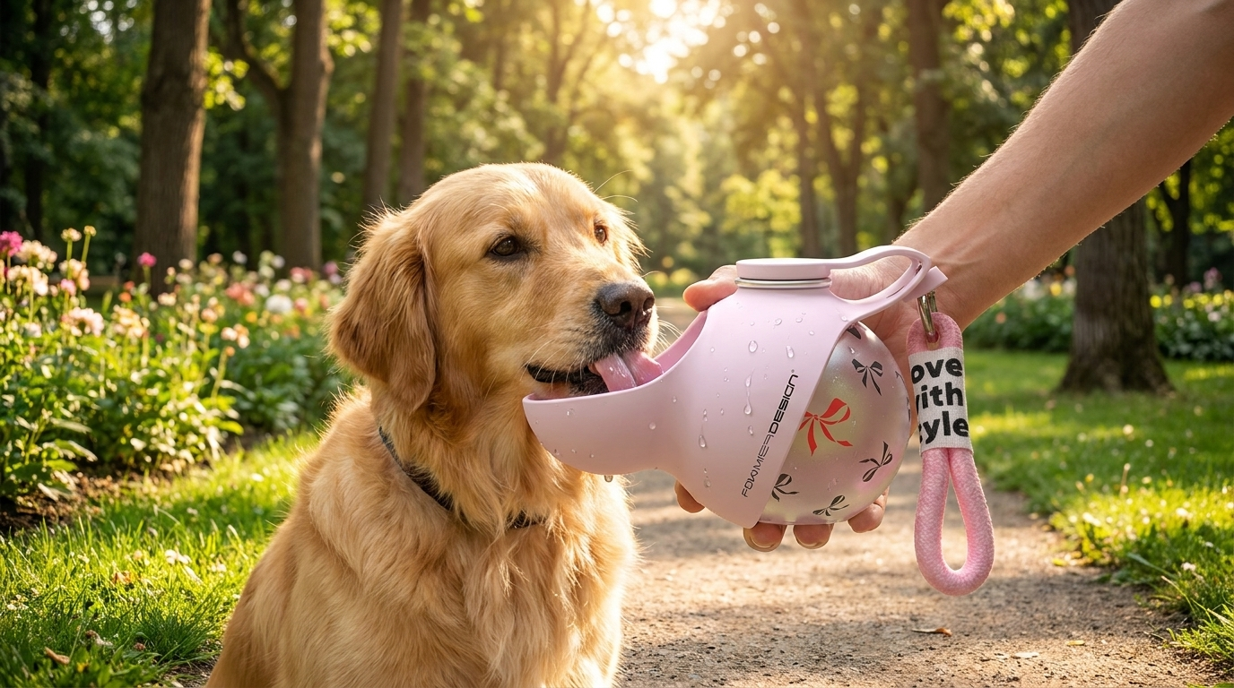 Golden retriever drinking from a pink 285ml portable dog water bottle held by hand on a park trail