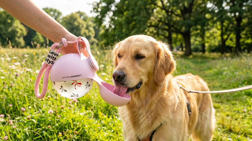 Leashed golden retriever drinking from a pink portable dog water bottle in a flowery meadow