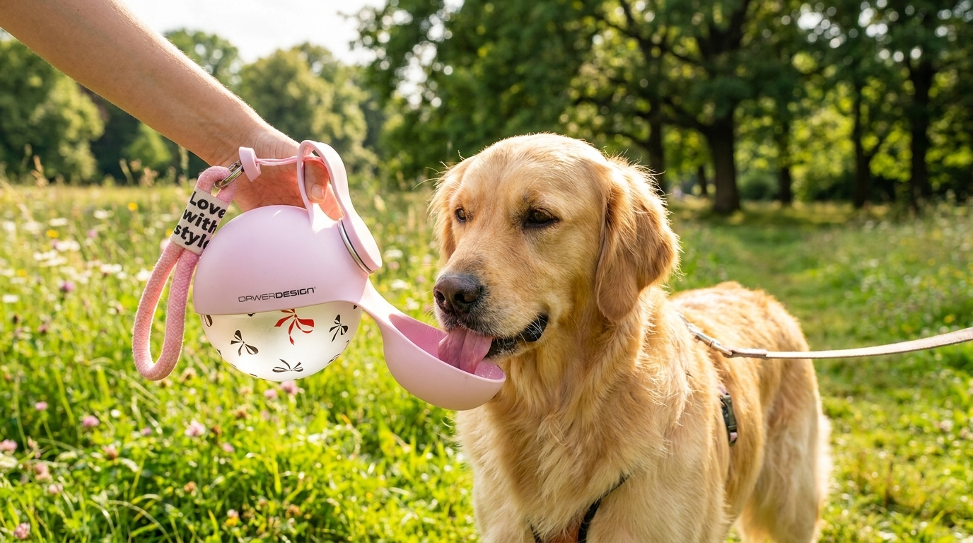 Leashed golden retriever drinking from a pink portable dog water bottle in a flowery meadow