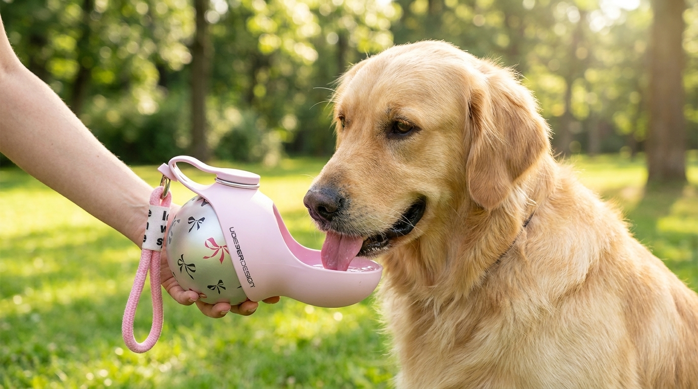 Panting golden retriever beside a pink portable dog water bottle on a sunny lawn