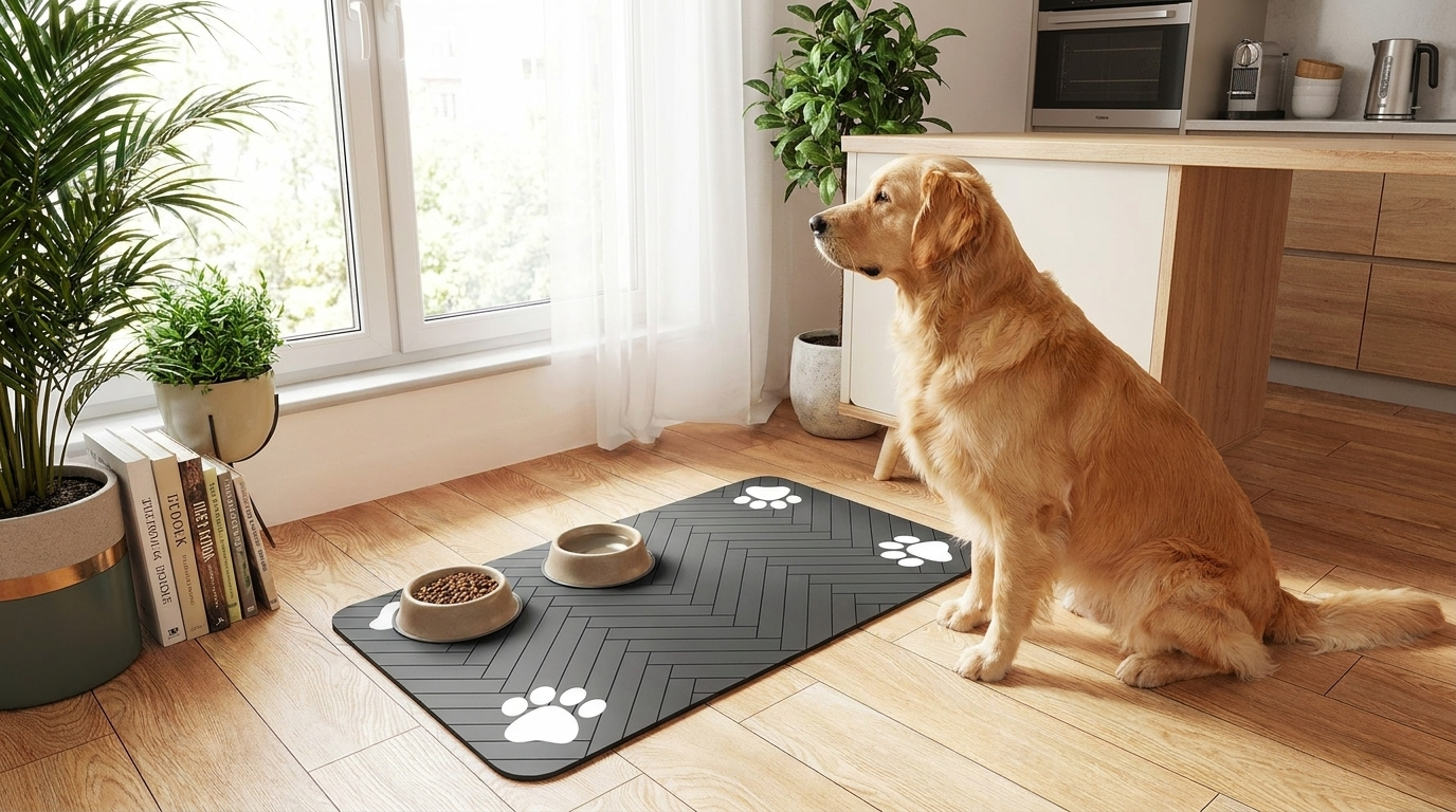 Golden retriever sitting beside a grey waterproof feeding mat with bowls in a bright kitchen