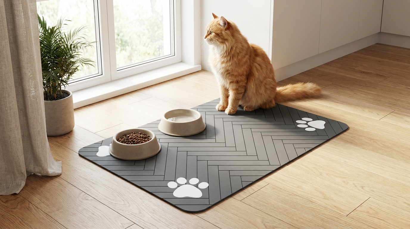 Ginger cat sitting on a grey waterproof pet feeding mat with paw print design beside food and water bowls