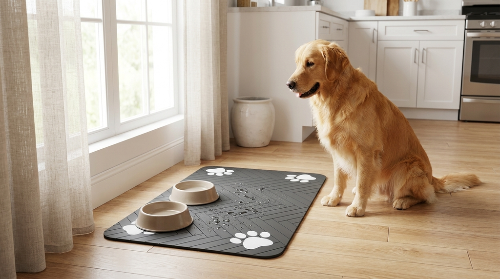 Golden retriever waiting beside a paw print waterproof feeding mat in a sunlit kitchen