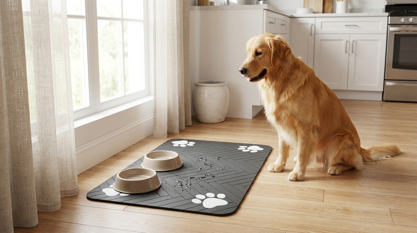 Golden retriever waiting beside a paw print waterproof feeding mat in a sunlit kitchen