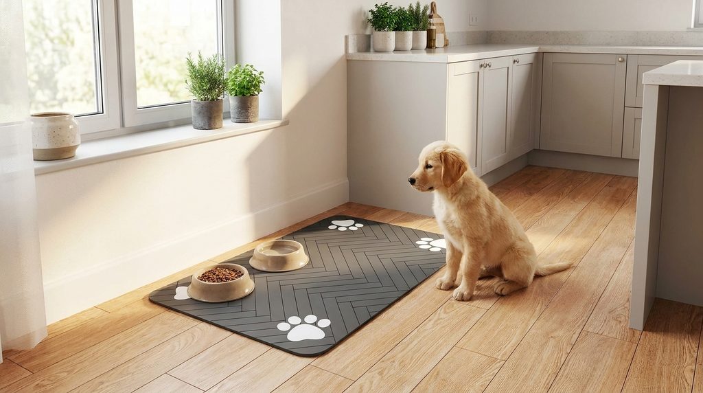 Golden retriever puppy sitting beside a waterproof feeding mat in a modern white kitchen