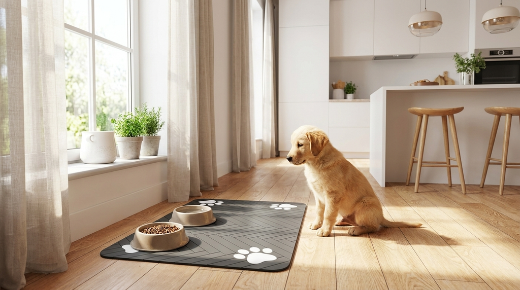 Golden retriever puppy sitting on a waterproof feeding mat in an open-plan kitchen with breakfast bar