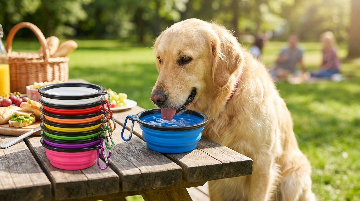 Golden retriever drinking from a blue collapsible silicone travel bowl at an outdoor picnic