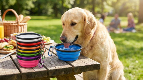 Golden retriever drinking from a blue collapsible silicone travel bowl at an outdoor picnic