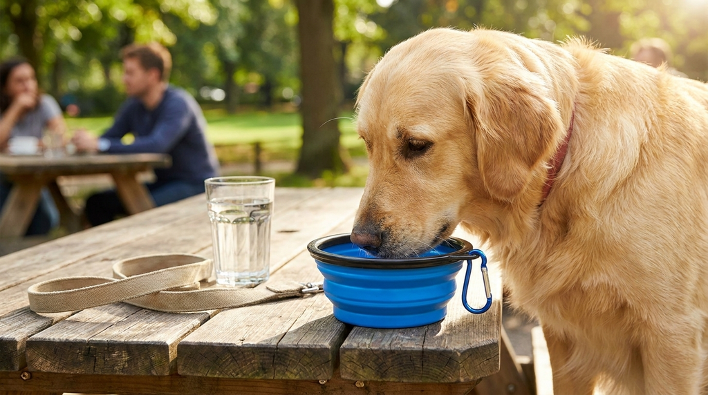 Close-up of a golden retriever drinking water from a blue collapsible travel bowl outdoors