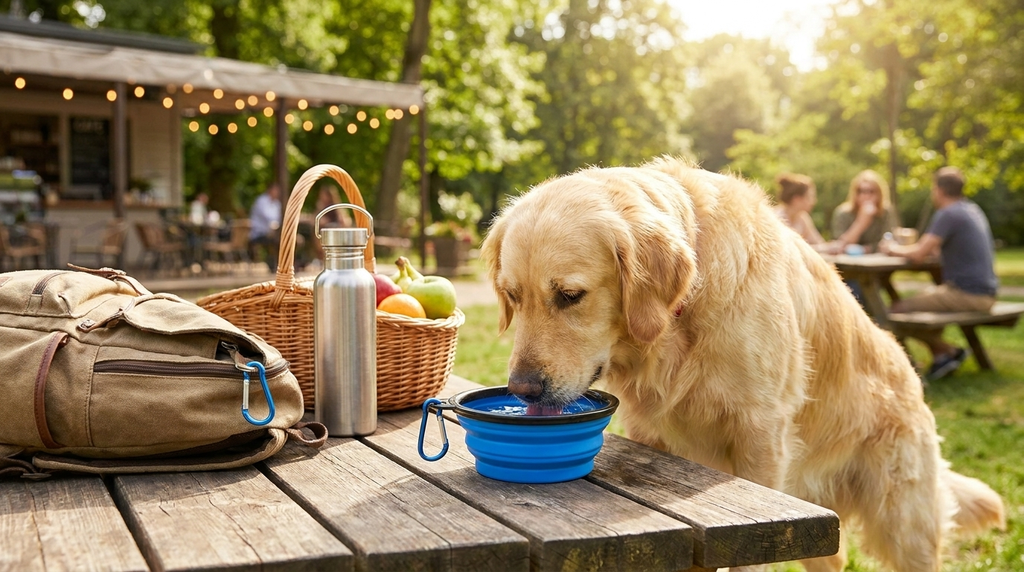 Golden retriever drinking from a blue collapsible travel bowl next to hiking gear at a park