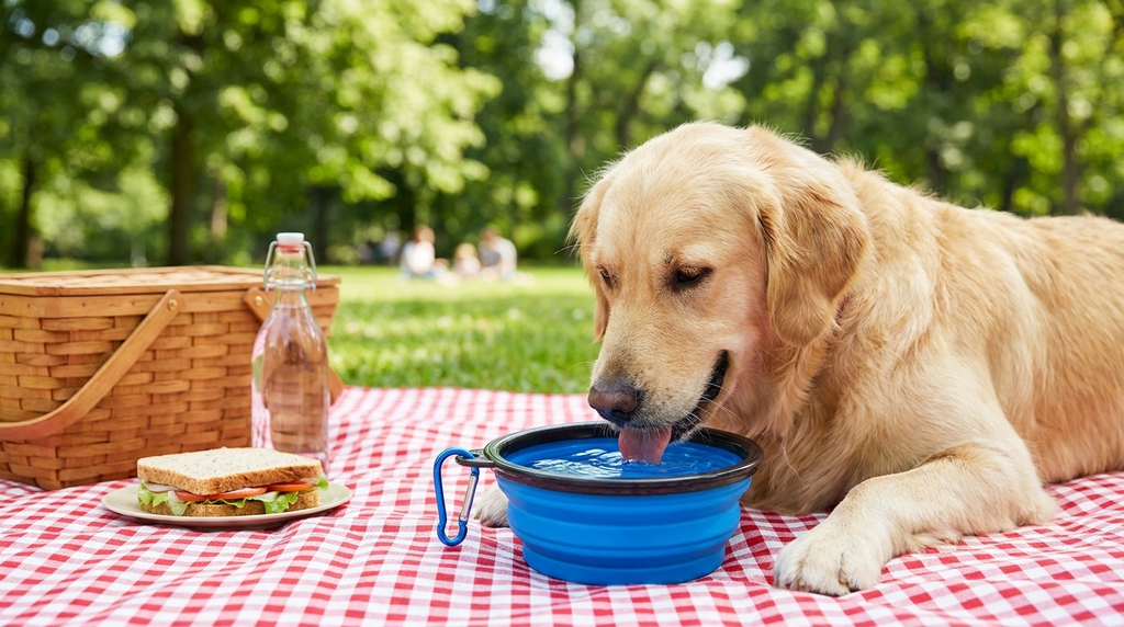 Golden retriever lying on a picnic blanket drinking from a blue collapsible silicone bowl