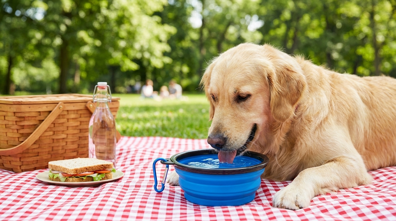 Golden retriever lying on a picnic blanket drinking from a blue collapsible silicone bowl
