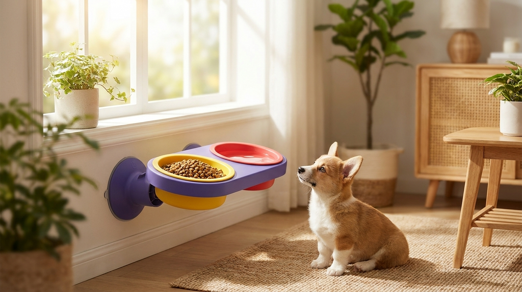 Corgi puppy sitting beside a wall-mounted elevated double bowl pet feeder in a bright room