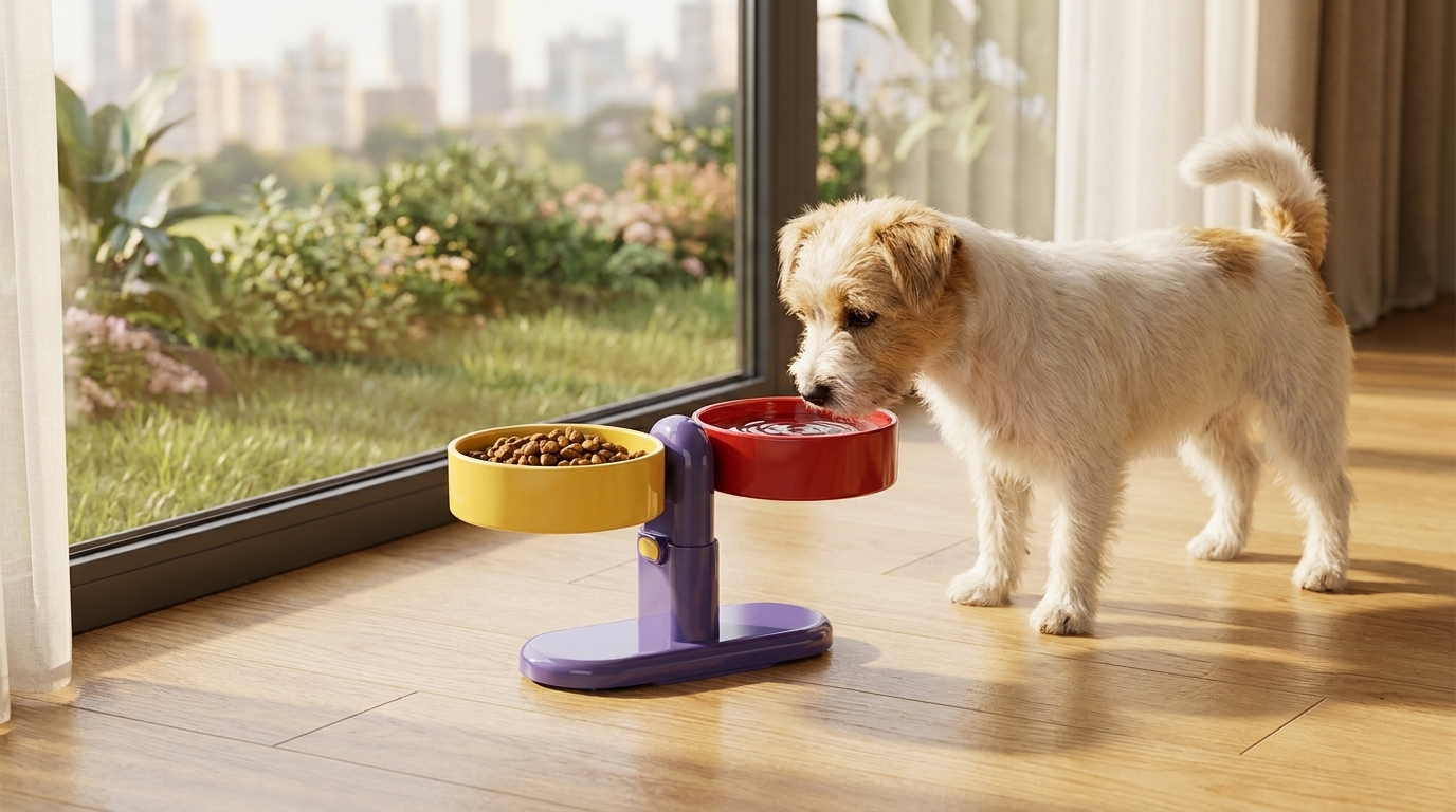 Dog eating from an elevated purple double bowl pet feeder with suction cup base beside a patio door
