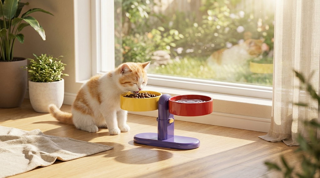 Cat eating from an elevated double bowl pet feeder beside a sunny window