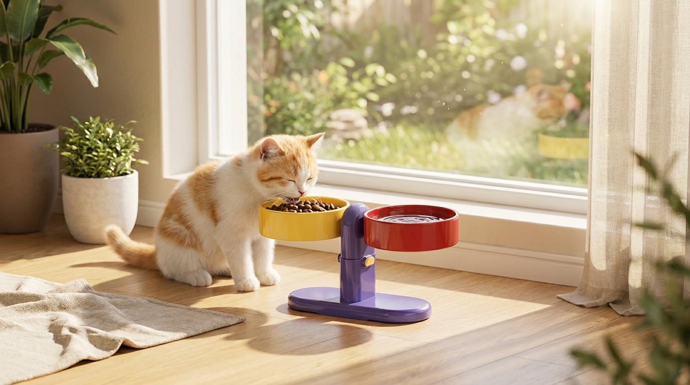 Cat eating from an elevated double bowl pet feeder beside a sunny window