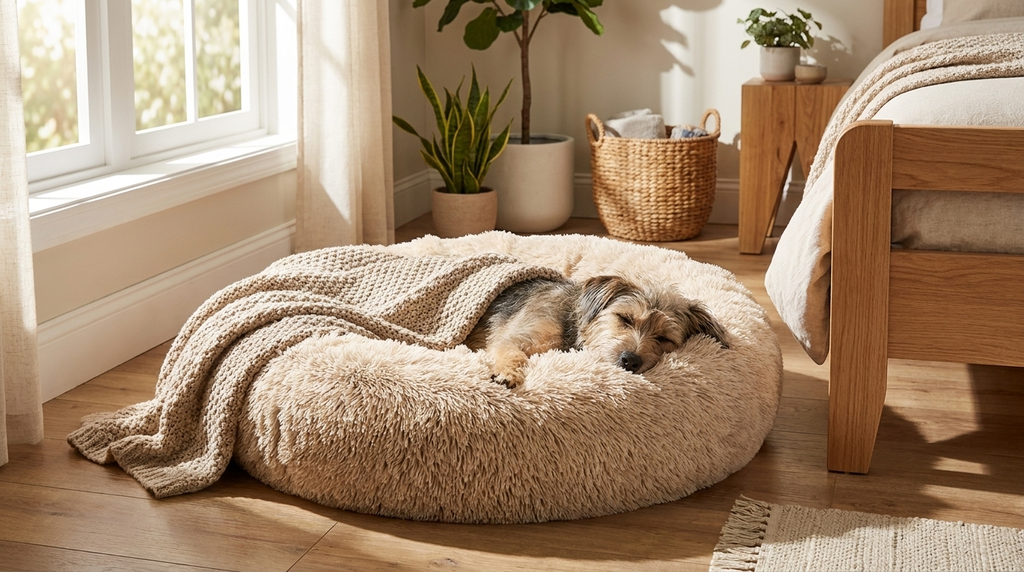 Dog resting in a round plush calming bed beside a sunny bedroom window