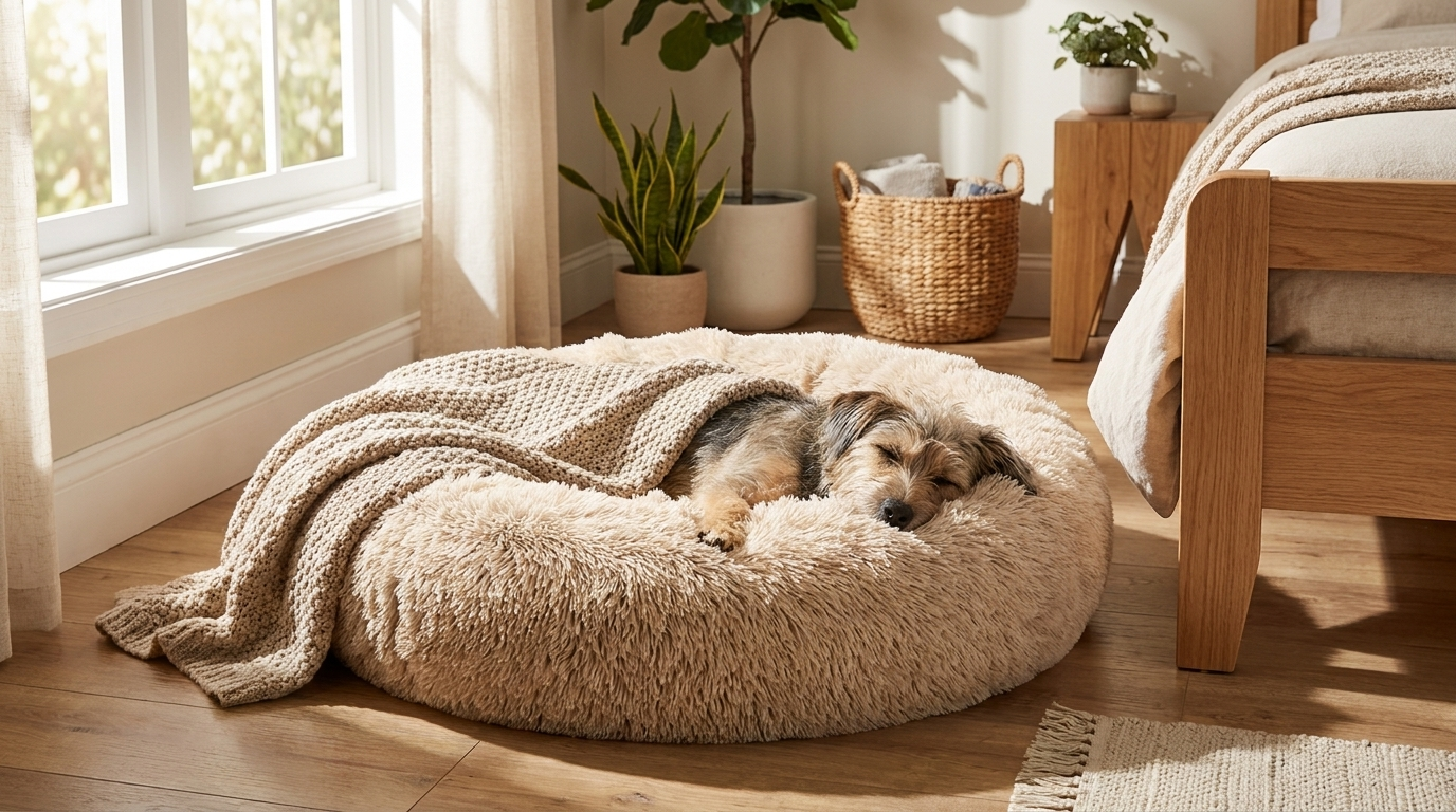 Dog resting in a round plush calming bed beside a sunny bedroom window