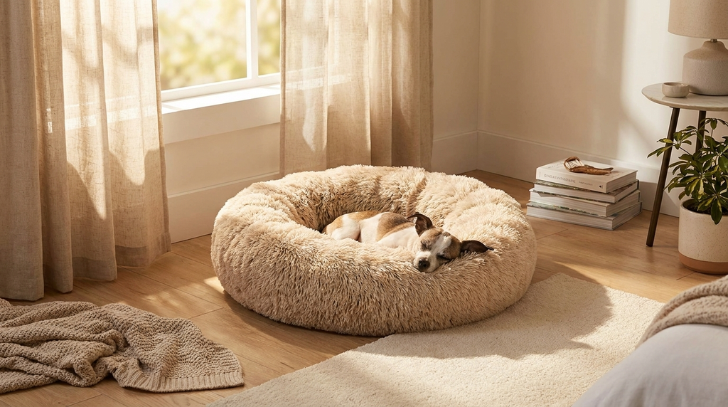 Dog relaxing in a round plush calming bed beside a sunlit curtained window