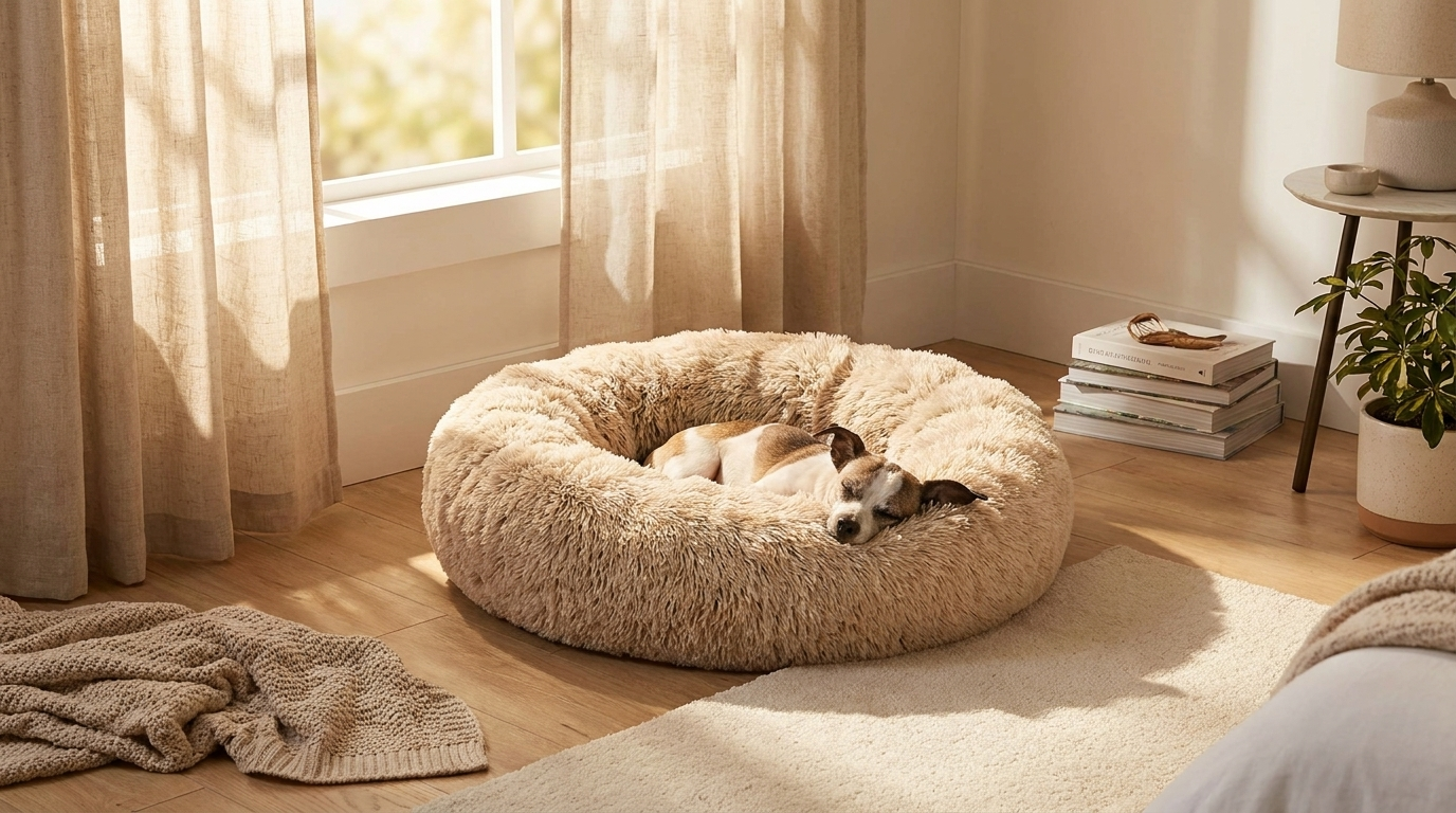 Dog relaxing in a round plush calming bed beside a sunlit curtained window