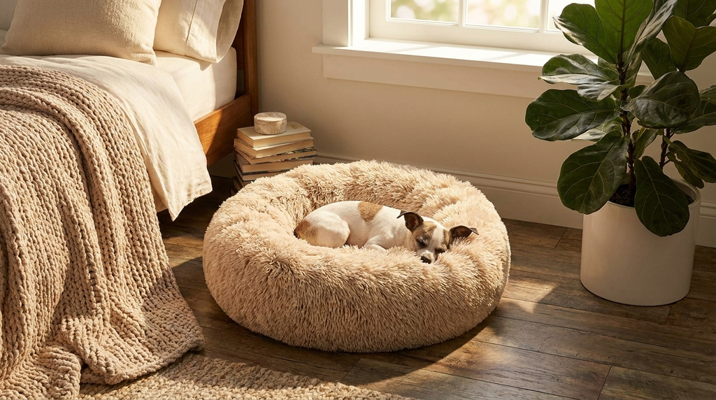 Small dog resting in a round plush calming dog bed in a sunlit bedroom