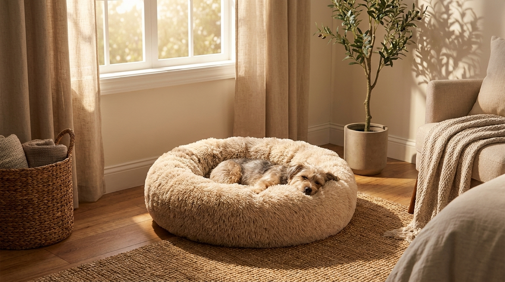 Dog lying in a round plush calming bed in a cozy sunlit living room