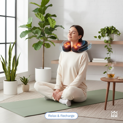 Neck and shoulder massager worn around the neck with visible heat glow effect