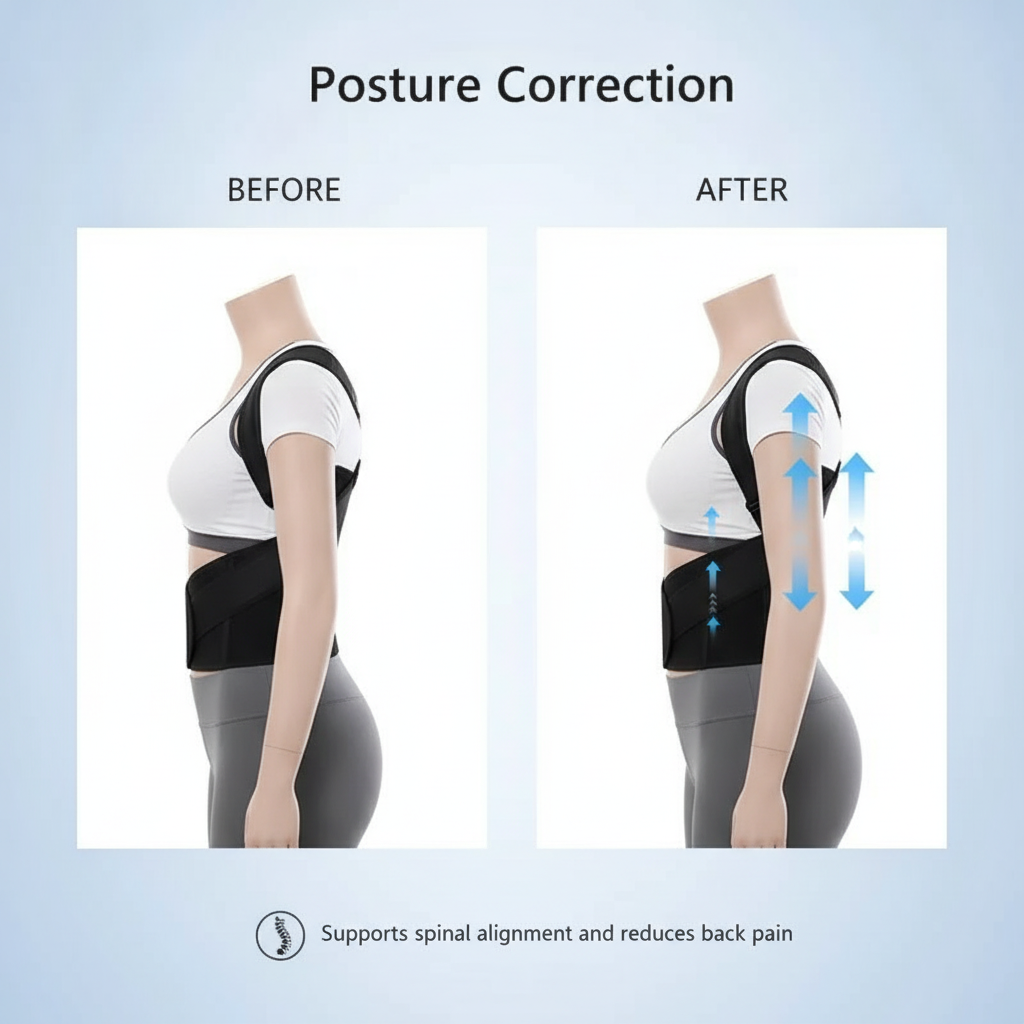 Back posture support belt side view showing spinal alignment