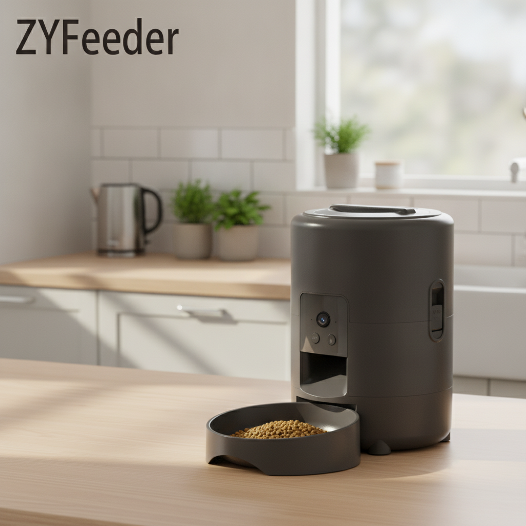 WiFi pet feeder dispensing food with portion control settings