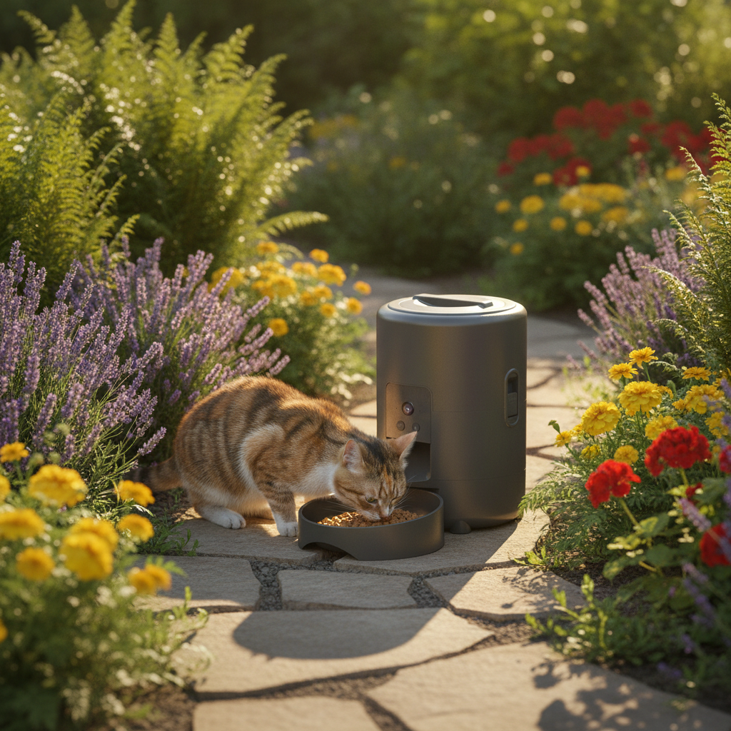 Smart pet feeder camera view showing pet eating at bowl