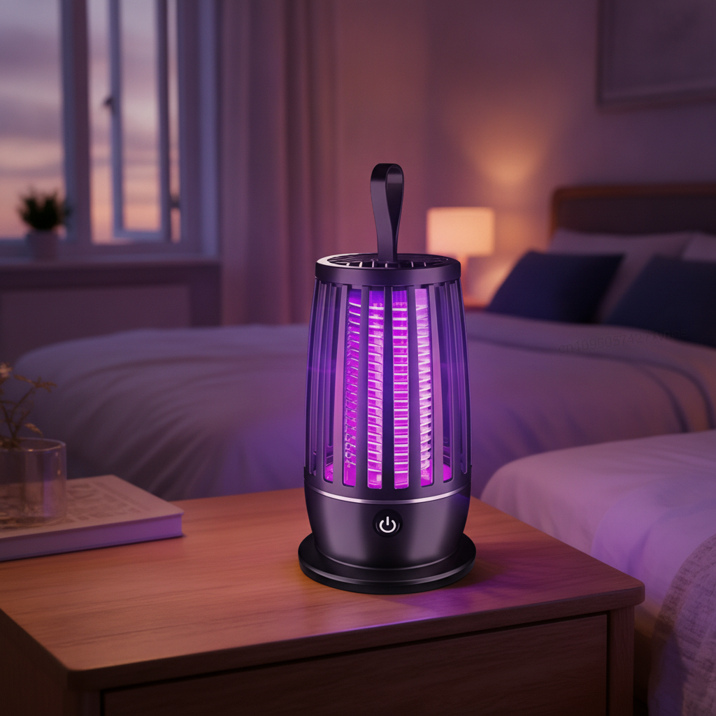 USB mosquito zapper on bedroom nightstand in use