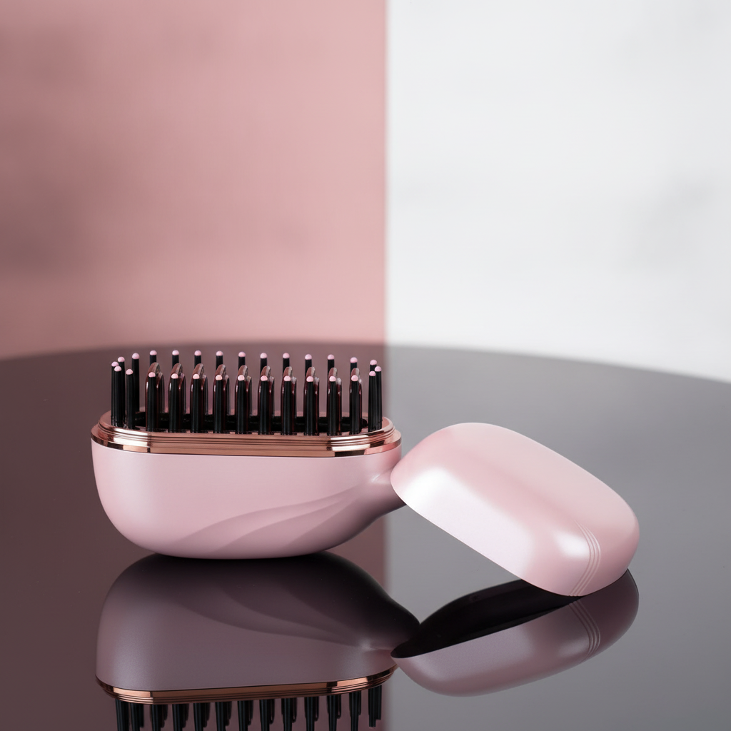 Pink and rose gold hairbrush on a reflective surface with a gradient background