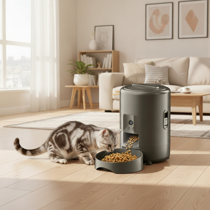 Cat interacting with a pet feeder in a living room setting